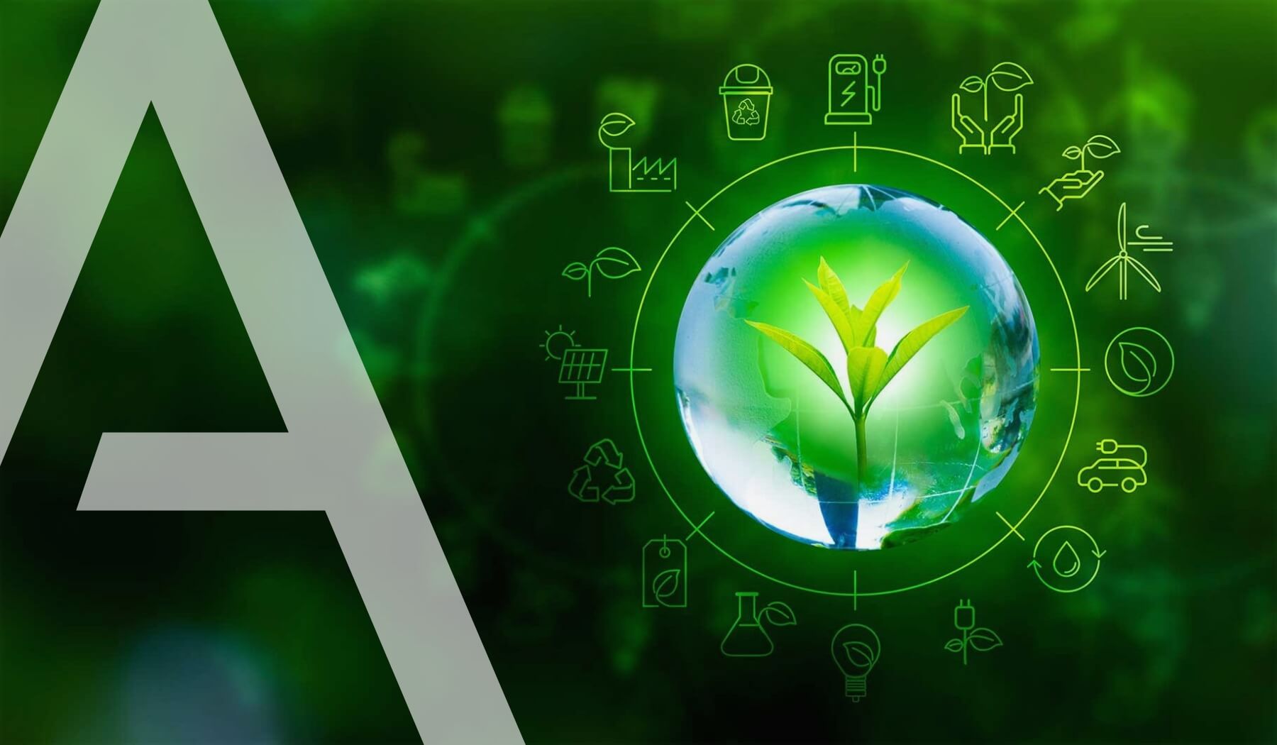 A plant surrounded by sustainability icons representing environmental standards and illustrating compliance with EN 16640 for bio-based content