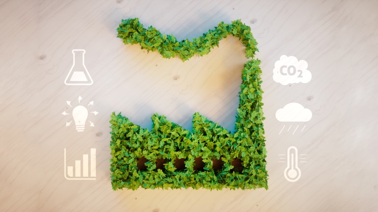 Illustration of a green sustainable factory made of plants, surrounded by environmental and sustainability symbols