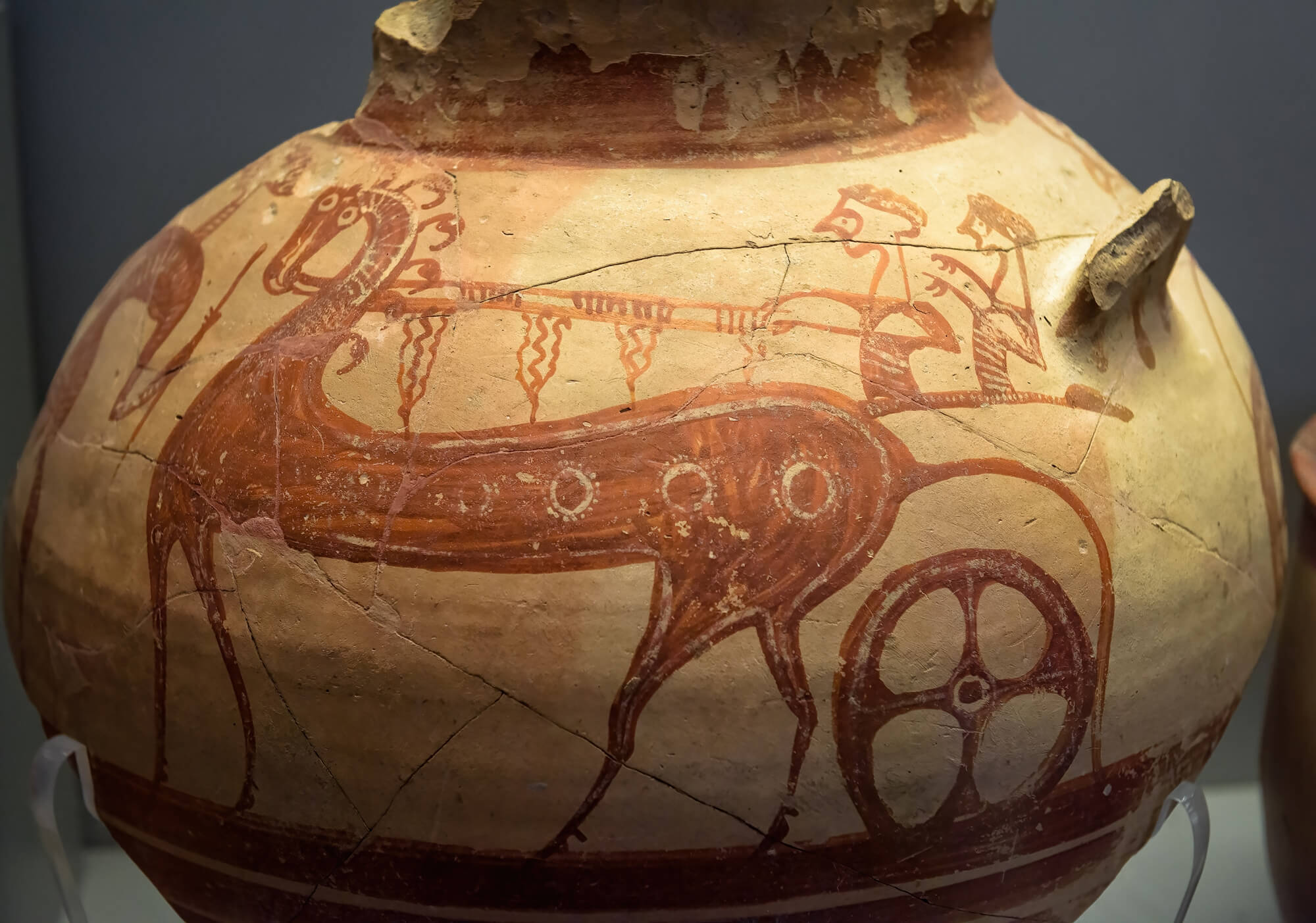 Close-up of decorated ancient pottery