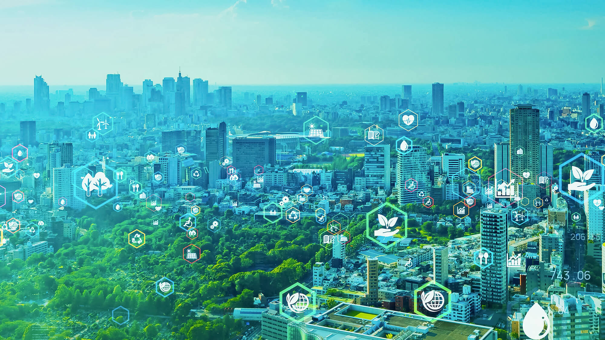 Illustration of a sustainable city with bio-based product, recycling, and renewable resource icons