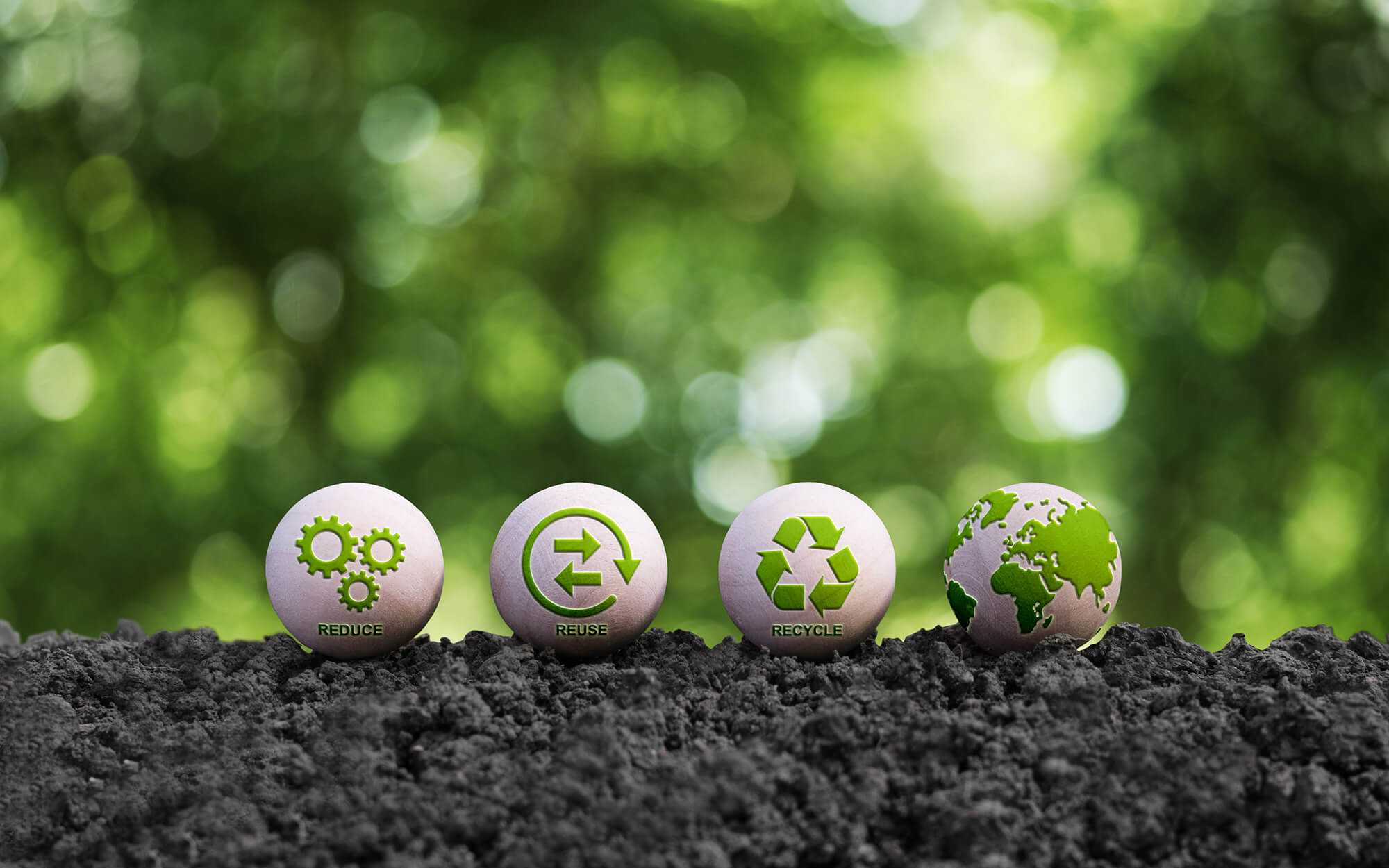 Sustainability icons illustrating recycling, reuse, and bio-based product development
