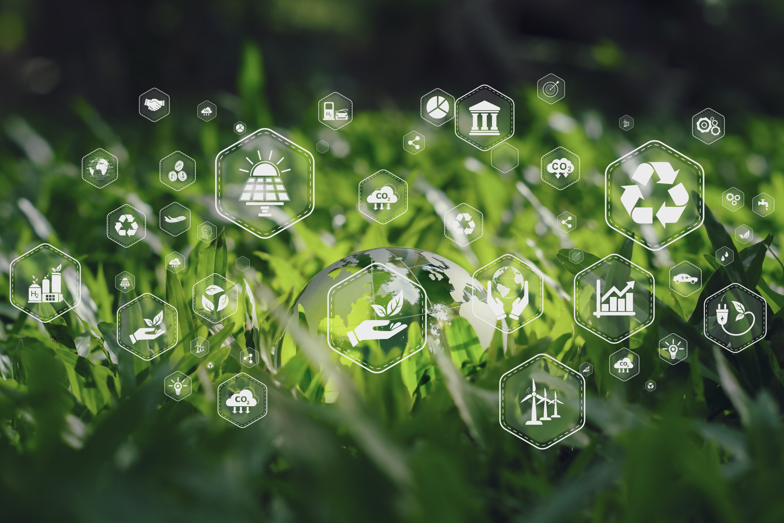 illustration of Earth surrounded by green and sustainability logos illustrating bio-based products