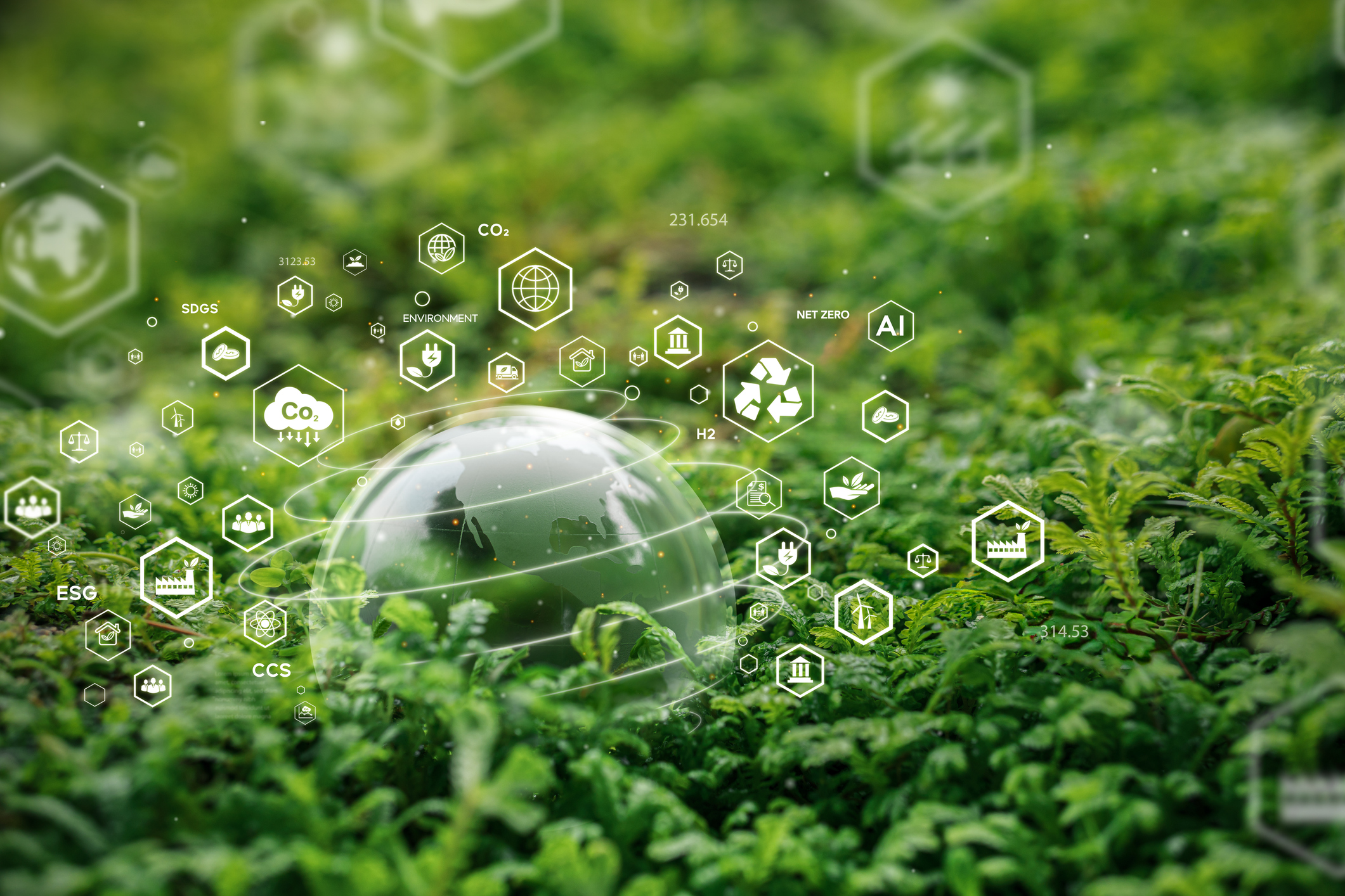 Illustration of Earth with circular economy and renewable energy icons